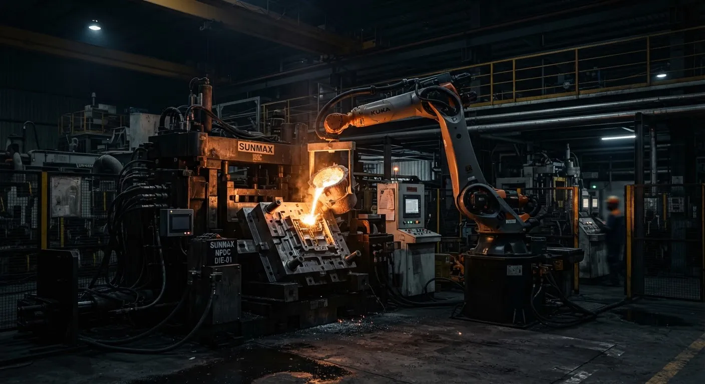 High pressure die casting plant interior with automated robotic arms pouring molten aluminium into steel molds