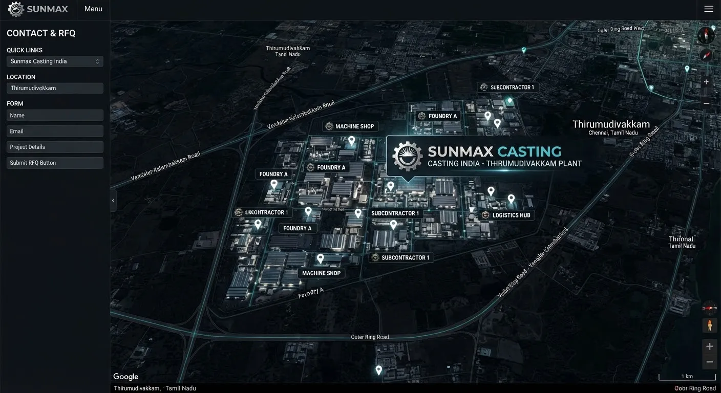 Map of Thirumudivakkam industrial area, Chennai, showing the Sunmax Casting die casting plant